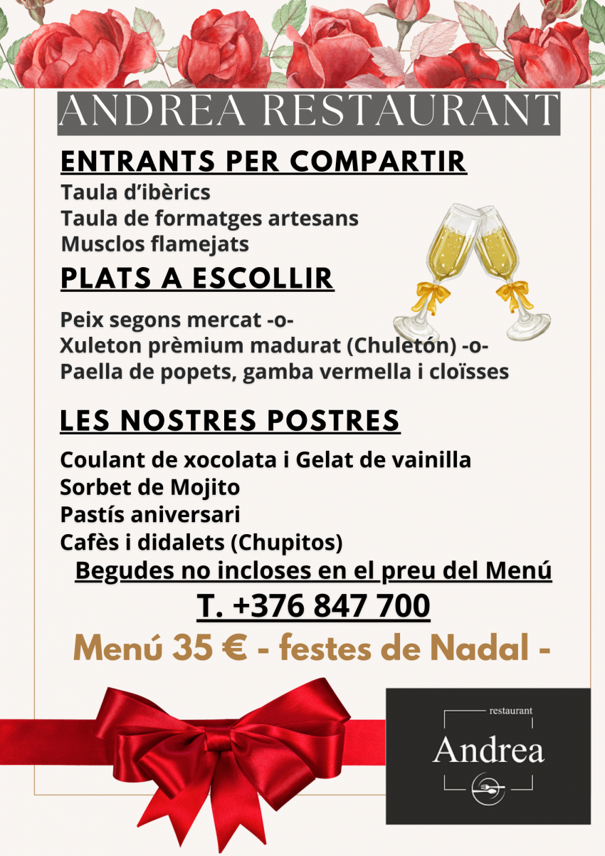 Arriben les festes de Nadal, la decoració de Nadal és molt important: Els arbrets de Nadal, espelmes, boles de neu, garlandes i tot allò que farà de casa teva una llar cent per cent nadalenca. No podem oblidar un bon sopar o dinar de Nadal. A Restaurant Andrea en som especialistes a organitzar festes, sopars i dinars de Nadal per a empreses i famílies estem a La Massana (Andorra).