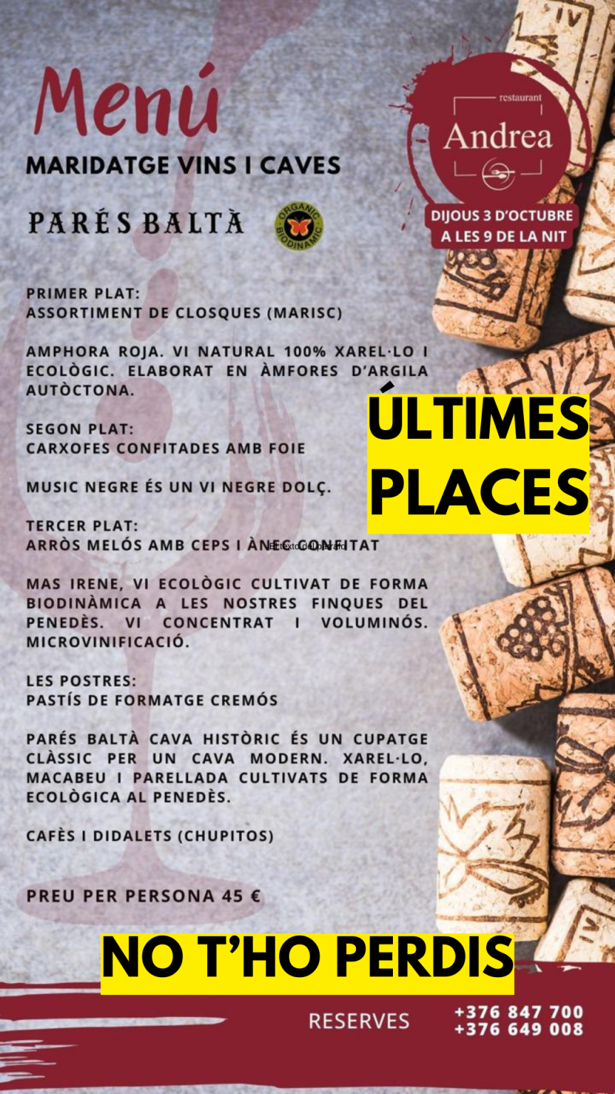 MARIDATGE PARÉS BALTÀ | Restaurant Andrea +376847700 | Dijous dia 3 d’octubre a les 9 de la nit | últimes places. Reserva ara +376649008