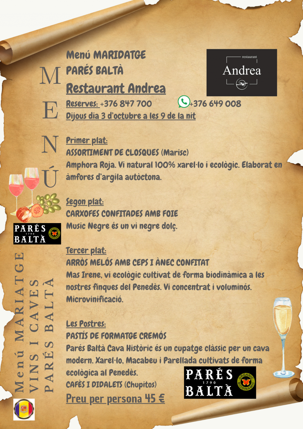 MARIDATGE PARÉS BALTÀ | Restaurant Andrea +376847700 | Dijous dia 3 d’octubre a les 9 de la nit | últimes places. Reserva ara +376649008