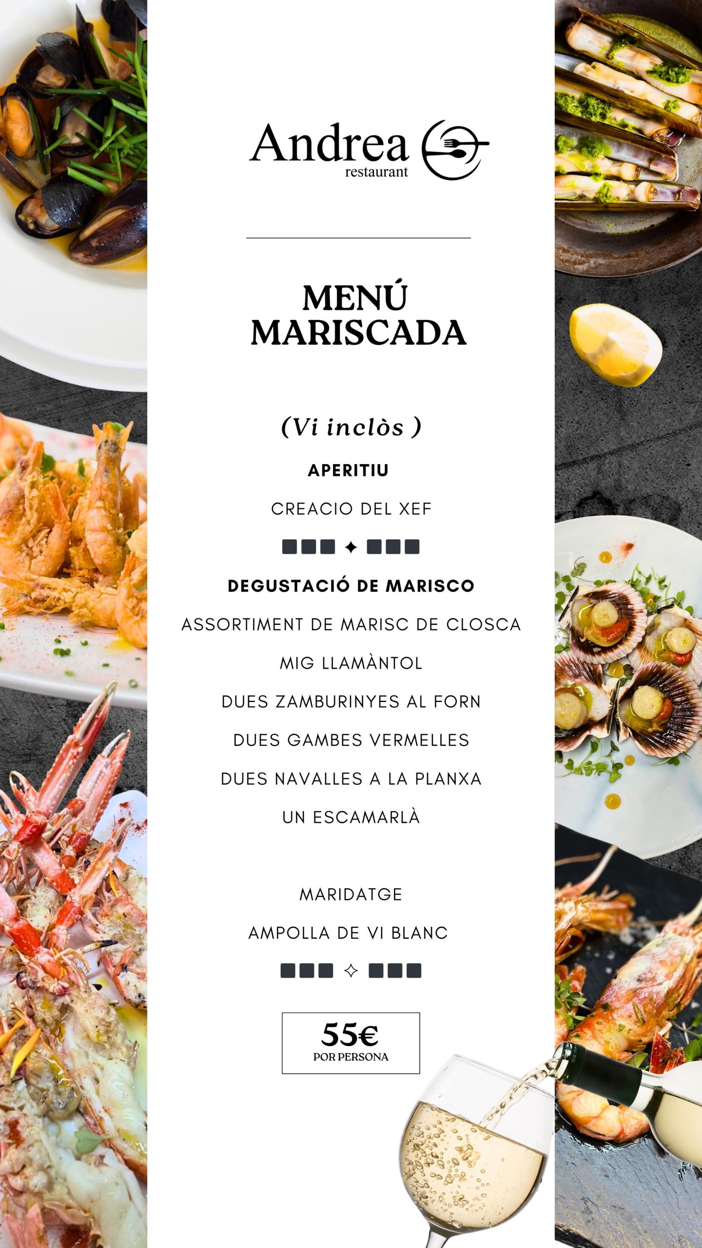 🦞 Nou menú Mariscada a Restaurant Andreia! A Instagram tenim la descripció de la nostra Mariscada especial.

Si ets amant del marisc fresc, aquest és el teu moment. A La Massana, et presentem el nostre nou menú mariscada, elaborat amb el millor marisc de les llotges més selectes i cuinat amb respecte pel producte i passió pel sabor.

🦐 Gambes, escamarlans, cloïsses, musclos, navalles… 🔥 A la brasa, al vapor o amb salses que potencien cada textura. 🍋 Acompanyat de vins blancs i un ambient que convida a gaudir.

📍 Vine a Restaurant Andreia i deixa’t seduir per la frescor del mar a la muntanya.

#RestaurantAndreia #MariscadaAndreia #MariscFresc #LaMassanaGourmet #CuinaDeLlotja #SaborsDelMar #AndorraGastronòmica #MenúMariscada #ExperiènciaAndreia #AltaCuina #PlatsQueEnamoren #MarAMuntanya

