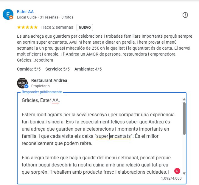 Les millors ressenyes de Restaurants de La Massana. Restaurant Andrea és una adreça que guardem per celebracions i trobades familiars importants perquè sempre en sortim super encantats. Avui hi hem anat a dinar en parella, i hem provat el menú setmanal a un preu quasi miraculós de 25 € on la qualitat i la quantitat és de carta. El servei molt eficient i amable. I l' Andrea un AMOR de persona, restauradora i emprenedora. Gràcies... repetirem.