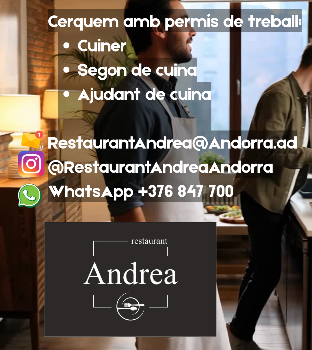 ✨ Al Restaurant ANDREA creixem… i volem créixer amb tu. ✨ Per l’ampliació del nostre equip, busquem persones amb permís de treball, ganes d’aprendre i il·lusió per formar part d’un projecte gastronòmic que no para d’evolucionar. A casa nostra trobaràs bones condicions de treball, un ambient excel·lent i un equip que estima la cuina i el servei tant com tu. Som un restaurant que creix, que es consolida i que mira endavant amb ambició. I per això et volem amb nosaltres. 👨🍳 Cerquem: Cuiner Segon de cuina Ajudant de cuina Si t’apassiona la gastronomia, el producte de qualitat i treballar en un espai on cada detall importa, aquest és el teu lloc. Gràcies per formar part del camí del Restaurant ANDREA — junts encara farem més gran aquest projecte gastronòmic. 📩 Envia’ns el teu CV i parlem. #RestaurantAndrea #FeinaAndorra #EquipAndrea #GastronomiaAndorra #OportunitatLaboral